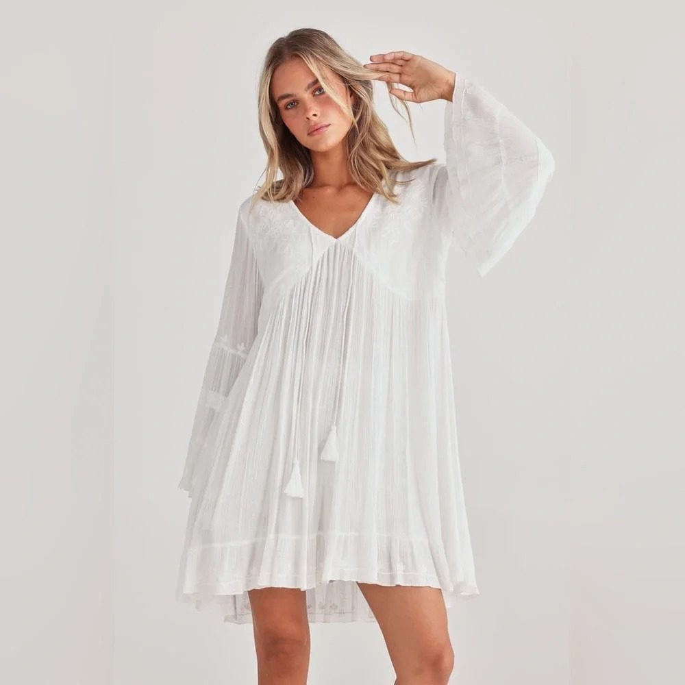 Talisman Aneesa Tunic Dress White Embroidered Bell Sleeves Ruffled Women’s Sz XL